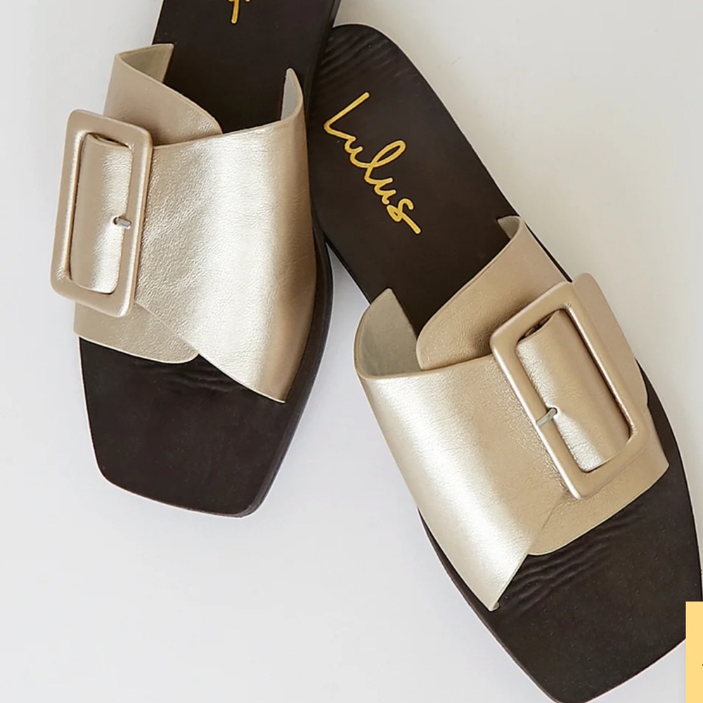 LULUS Earleena Gold Metallic Buckled Slide Sandals Summer shoes